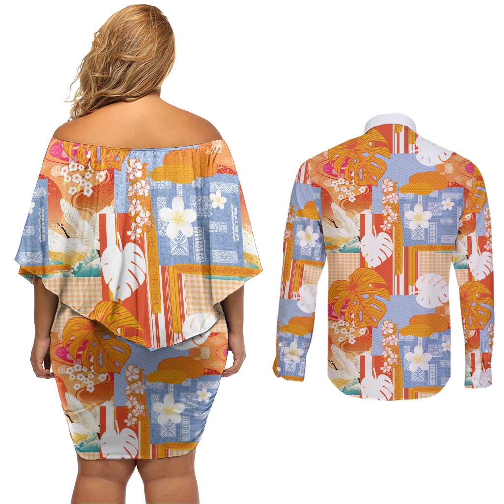 Hawaiian and Japanese Culture Together Couples Matching Off Shoulder Short Dress and Long Sleeve Button Shirt Palaka Japanese Art and Tropical Motif Tribal Patchwork