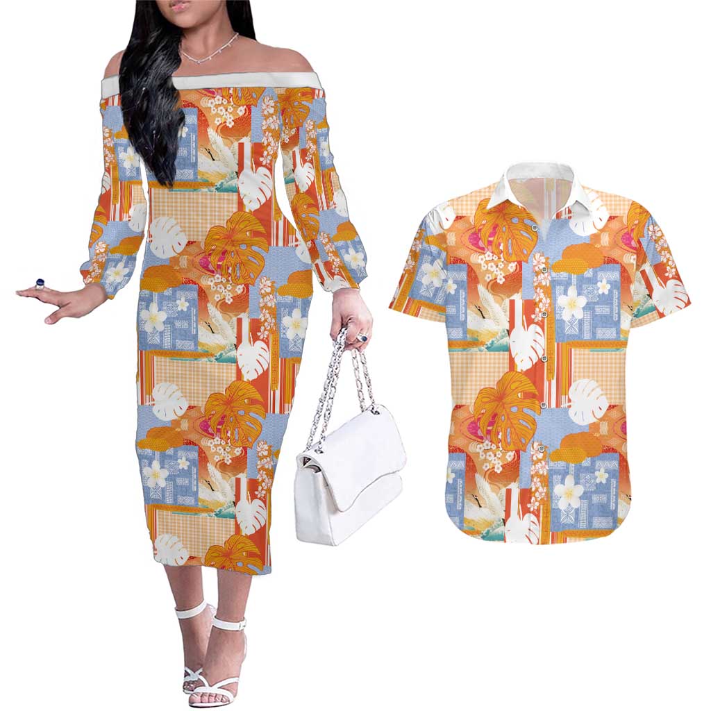 Hawaiian and Japanese Culture Together Couples Matching Off The Shoulder Long Sleeve Dress and Hawaiian Shirt Palaka Japanese Art and Tropical Motif Tribal Patchwork