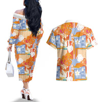 Hawaiian and Japanese Culture Together Couples Matching Off The Shoulder Long Sleeve Dress and Hawaiian Shirt Palaka Japanese Art and Tropical Motif Tribal Patchwork