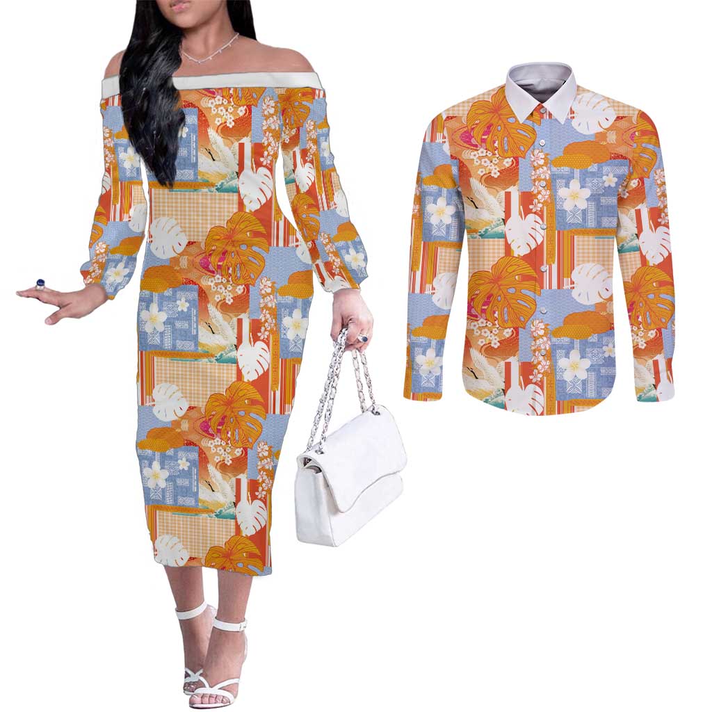 Hawaiian and Japanese Culture Together Couples Matching Off The Shoulder Long Sleeve Dress and Long Sleeve Button Shirt Palaka Japanese Art and Tropical Motif Tribal Patchwork