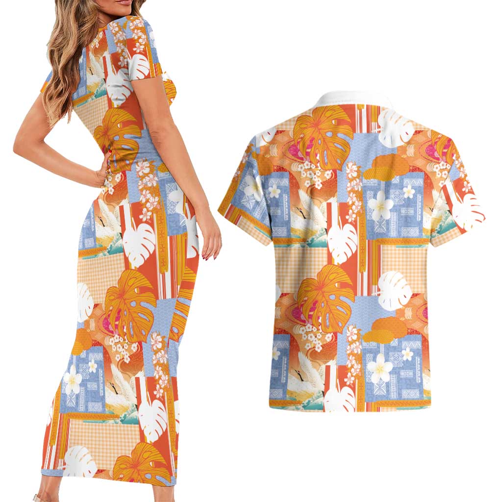 Hawaiian and Japanese Culture Together Couples Matching Short Sleeve Bodycon Dress and Hawaiian Shirt Palaka Japanese Art and Tropical Motif Tribal Patchwork LT03 - Polynesian Pride