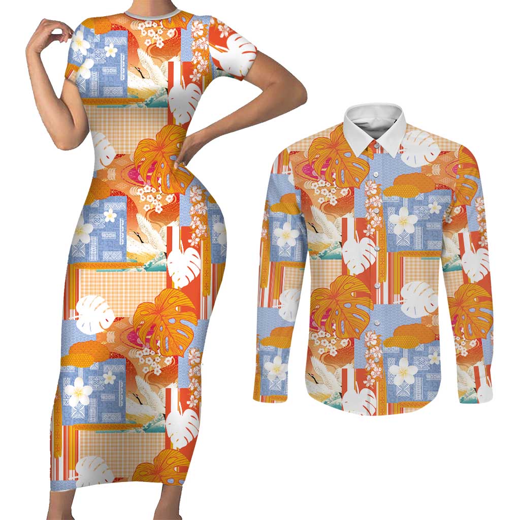 Hawaiian and Japanese Culture Together Couples Matching Short Sleeve Bodycon Dress and Long Sleeve Button Shirt Palaka Japanese Art and Tropical Motif Tribal Patchwork
