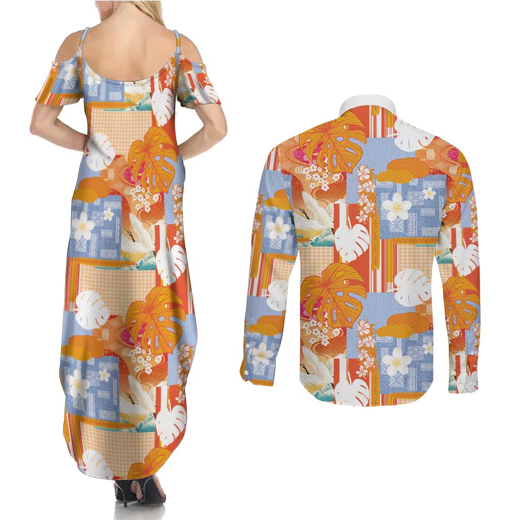 Hawaiian and Japanese Culture Together Couples Matching Summer Maxi Dress and Long Sleeve Button Shirt Palaka Japanese Art and Tropical Motif Tribal Patchwork