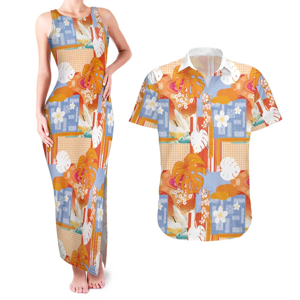 Hawaiian and Japanese Culture Together Couples Matching Tank Maxi Dress and Hawaiian Shirt Palaka Japanese Art and Tropical Motif Tribal Patchwork