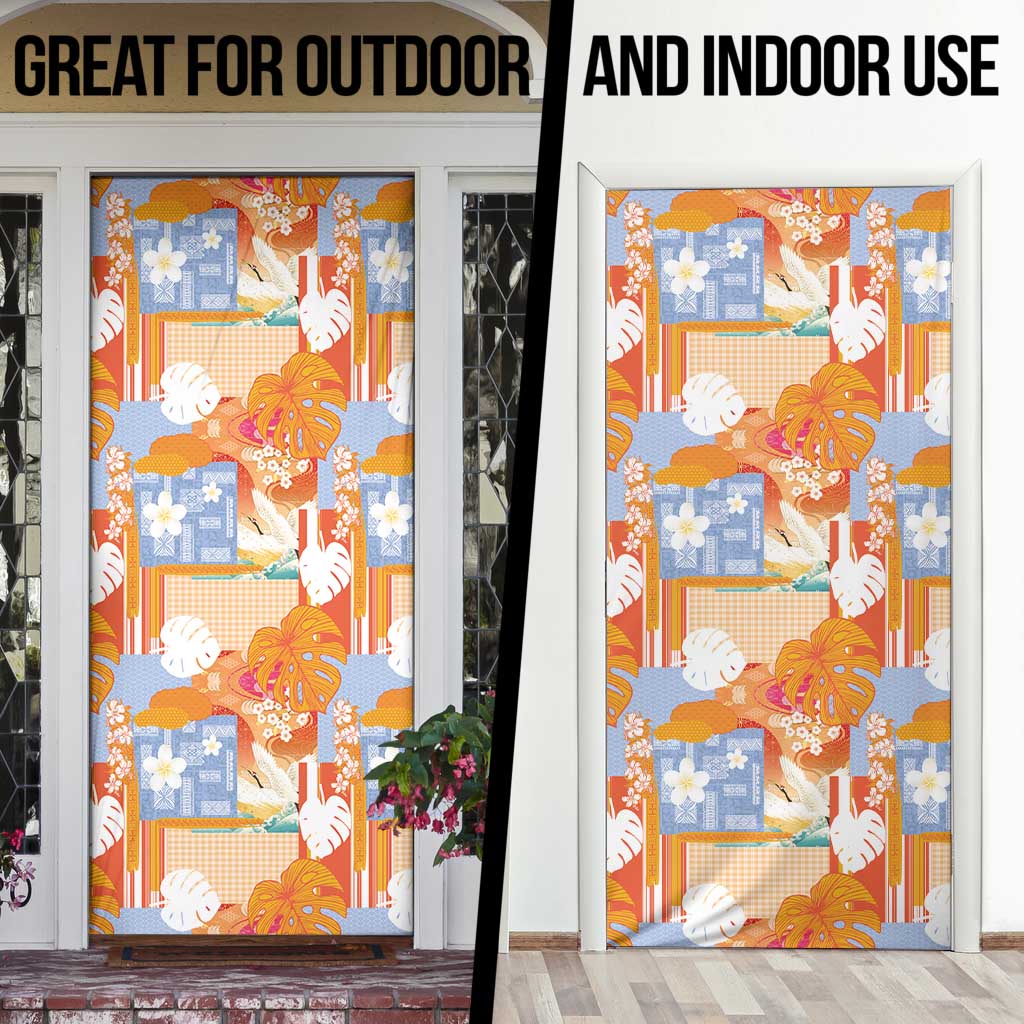 Hawaiian and Japanese Culture Together Door Cover Palaka Japanese Art and Tropical Motif Tribal Patchwork