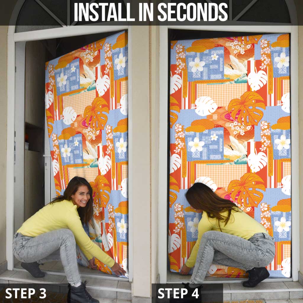 Hawaiian and Japanese Culture Together Door Cover Palaka Japanese Art and Tropical Motif Tribal Patchwork