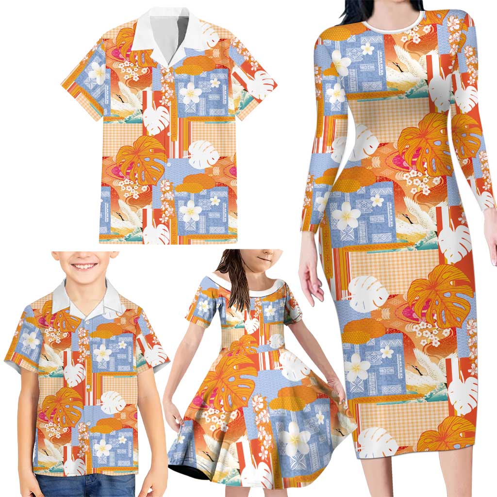 Hawaiian and Japanese Culture Together Family Matching Long Sleeve Bodycon Dress and Hawaiian Shirt Palaka Japanese Art and Tropical Motif Tribal Patchwork