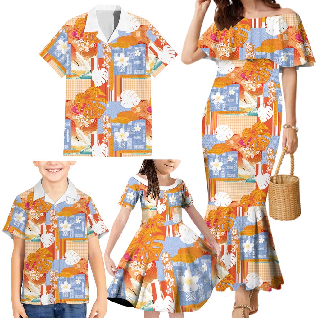 Hawaiian and Japanese Culture Together Family Matching Mermaid Dress and Hawaiian Shirt Palaka Japanese Art and Tropical Motif Tribal Patchwork