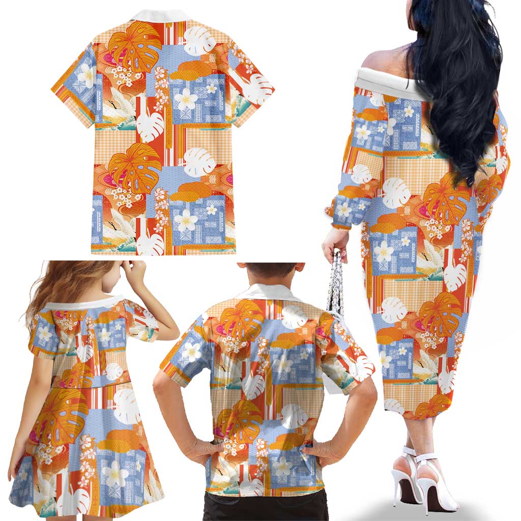 Hawaiian and Japanese Culture Together Family Matching Off The Shoulder Long Sleeve Dress and Hawaiian Shirt Palaka Japanese Art and Tropical Motif Tribal Patchwork