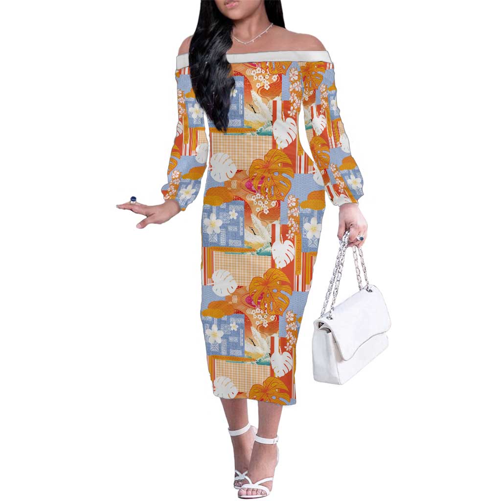 Hawaiian and Japanese Culture Together Family Matching Off The Shoulder Long Sleeve Dress and Hawaiian Shirt Palaka Japanese Art and Tropical Motif Tribal Patchwork