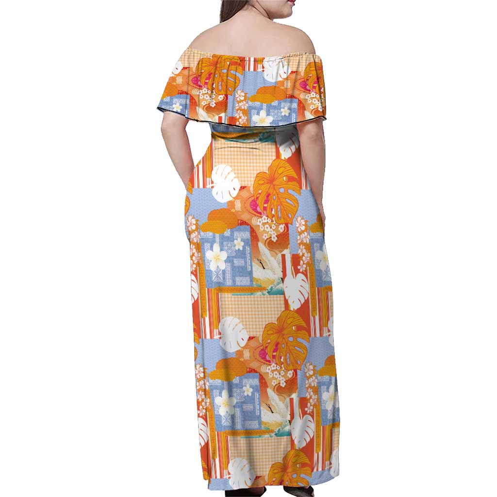 Hawaiian and Japanese Culture Together Family Matching Off Shoulder Maxi Dress and Hawaiian Shirt Palaka Japanese Art and Tropical Motif Tribal Patchwork