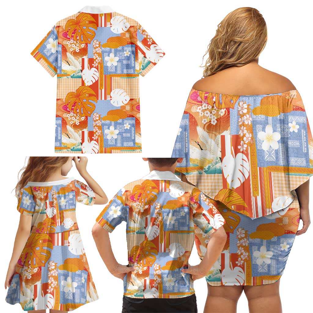 Hawaiian and Japanese Culture Together Family Matching Off Shoulder Short Dress and Hawaiian Shirt Palaka Japanese Art and Tropical Motif Tribal Patchwork