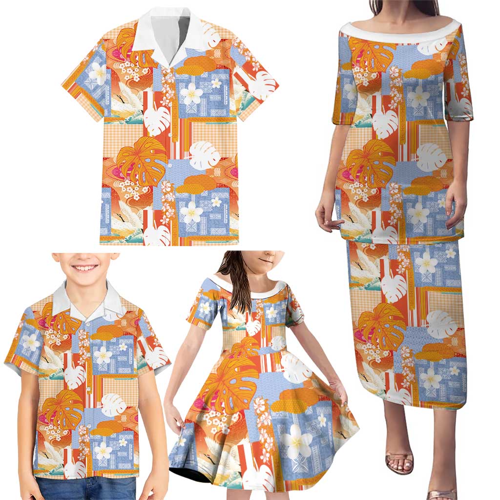 Hawaiian and Japanese Culture Together Family Matching Puletasi and Hawaiian Shirt Palaka Japanese Art and Tropical Motif Tribal Patchwork