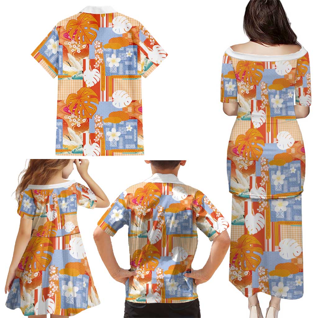 Hawaiian and Japanese Culture Together Family Matching Puletasi and Hawaiian Shirt Palaka Japanese Art and Tropical Motif Tribal Patchwork