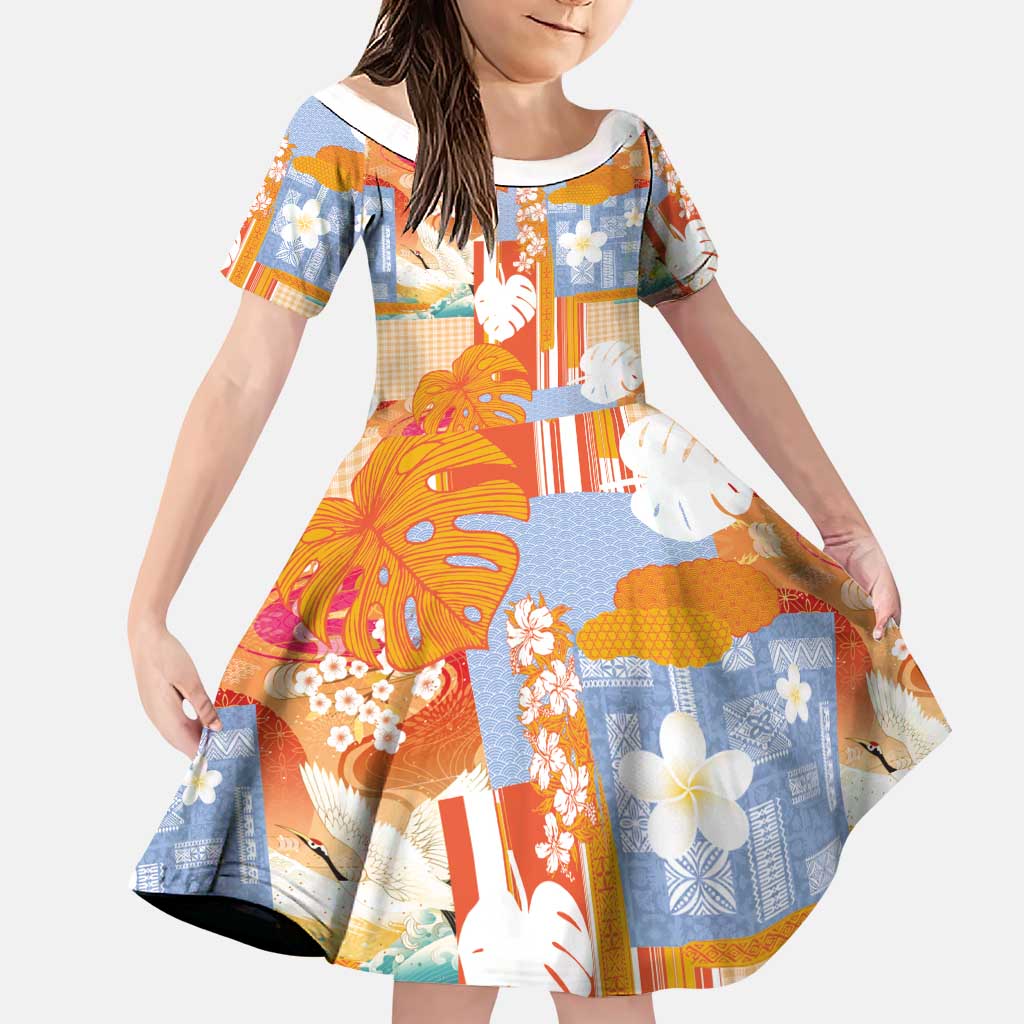 Hawaiian and Japanese Culture Together Family Matching Summer Maxi Dress and Hawaiian Shirt Palaka Japanese Art and Tropical Motif Tribal Patchwork LT03 Daughter's Dress Multicolor - Polynesian Pride