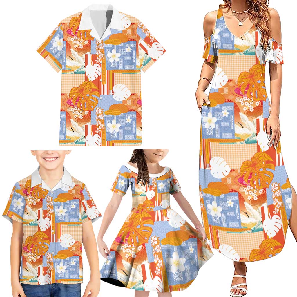 Hawaiian and Japanese Culture Together Family Matching Summer Maxi Dress and Hawaiian Shirt Palaka Japanese Art and Tropical Motif Tribal Patchwork LT03 - Polynesian Pride