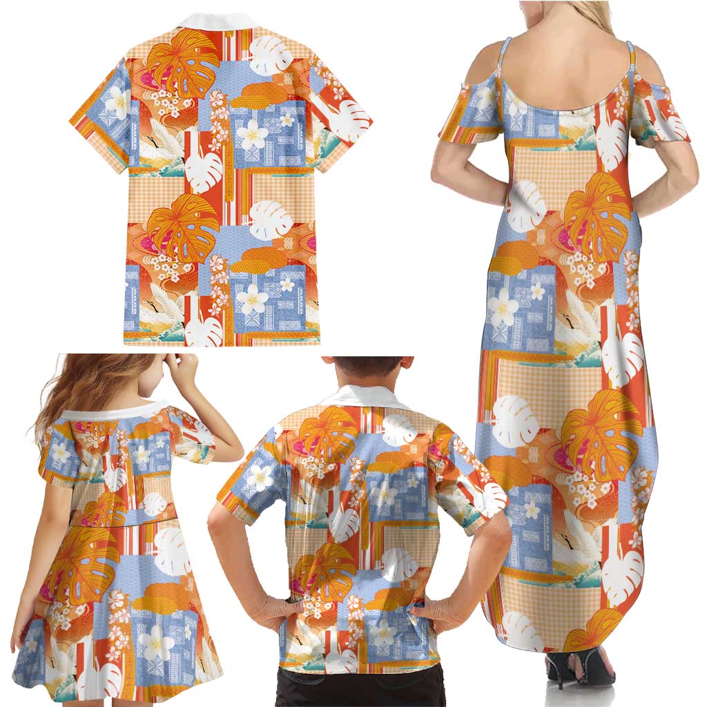 Hawaiian and Japanese Culture Together Family Matching Summer Maxi Dress and Hawaiian Shirt Palaka Japanese Art and Tropical Motif Tribal Patchwork LT03 - Polynesian Pride