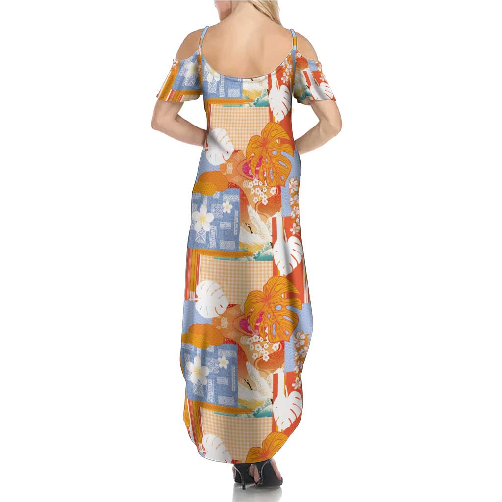 Hawaiian and Japanese Culture Together Family Matching Summer Maxi Dress and Hawaiian Shirt Palaka Japanese Art and Tropical Motif Tribal Patchwork LT03 - Polynesian Pride