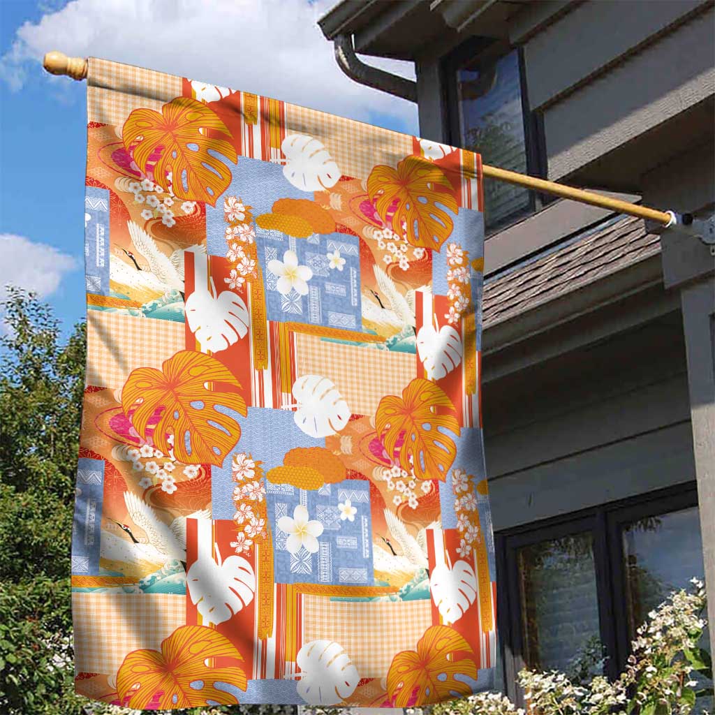 Hawaiian and Japanese Culture Together Garden Flag Palaka Japanese Art and Tropical Motif Tribal Patchwork