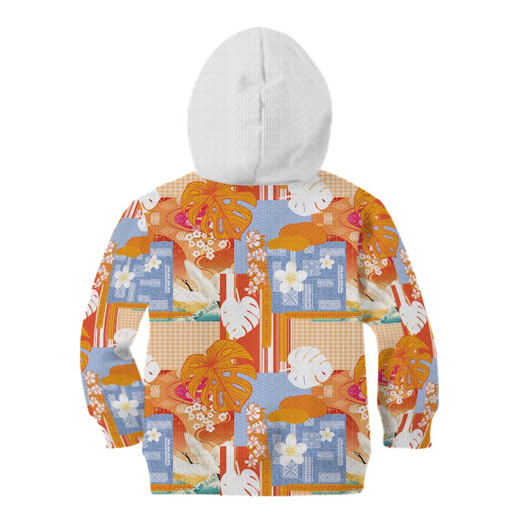 Hawaiian and Japanese Culture Together Kid Hoodie Palaka Japanese Art and Tropical Motif Tribal Patchwork