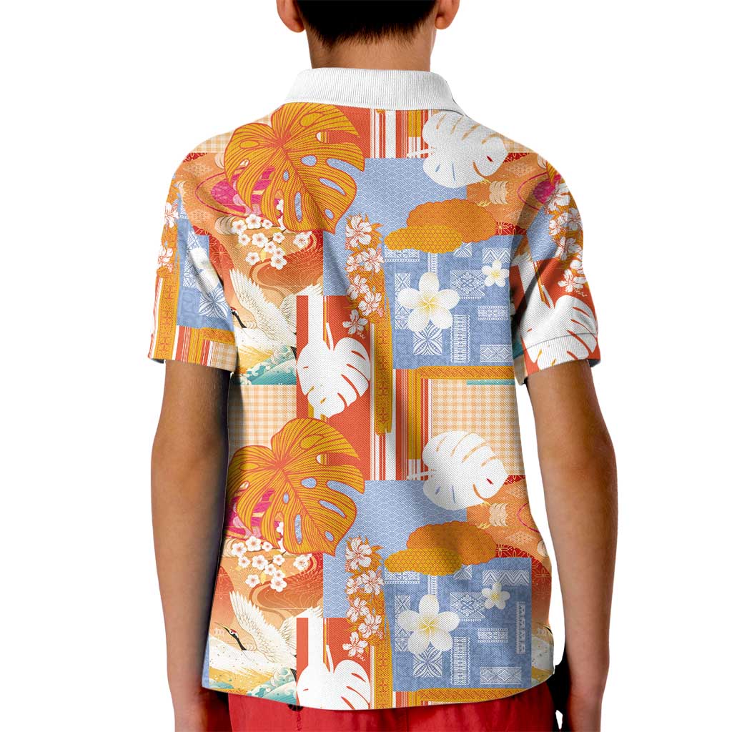 Hawaiian and Japanese Culture Together Kid Polo Shirt Palaka Japanese Art and Tropical Motif Tribal Patchwork
