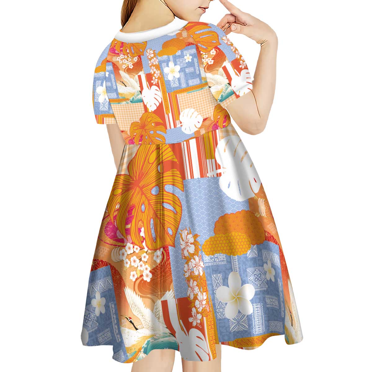 Hawaiian and Japanese Culture Together Kid Short Sleeve Dress Palaka Japanese Art and Tropical Motif Tribal Patchwork