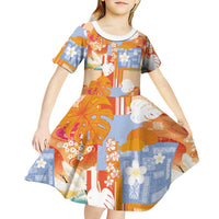 Hawaiian and Japanese Culture Together Kid Short Sleeve Dress Palaka Japanese Art and Tropical Motif Tribal Patchwork