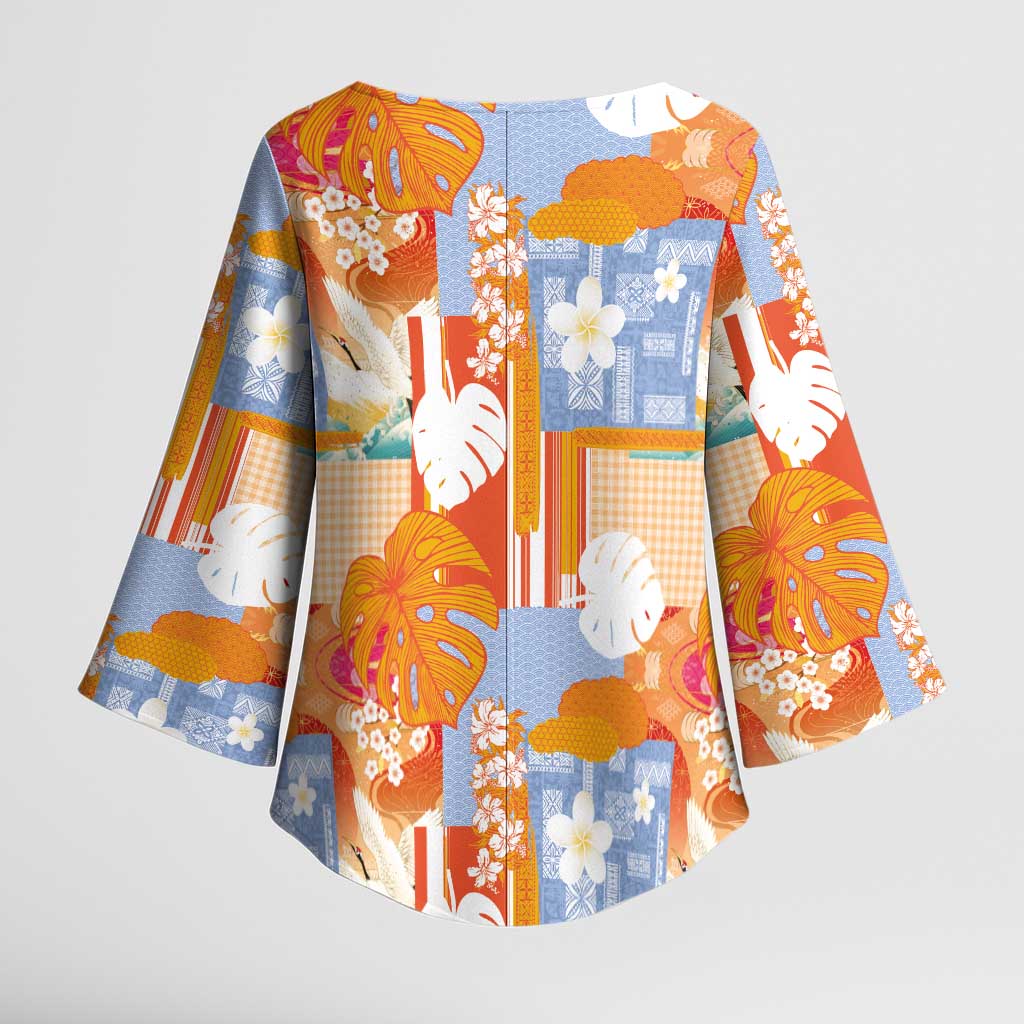 Hawaiian and Japanese Culture Together Kimono Sleeve Blouse Palaka Japanese Art and Tropical Motif Tribal Patchwork LT03 - Polynesian Pride