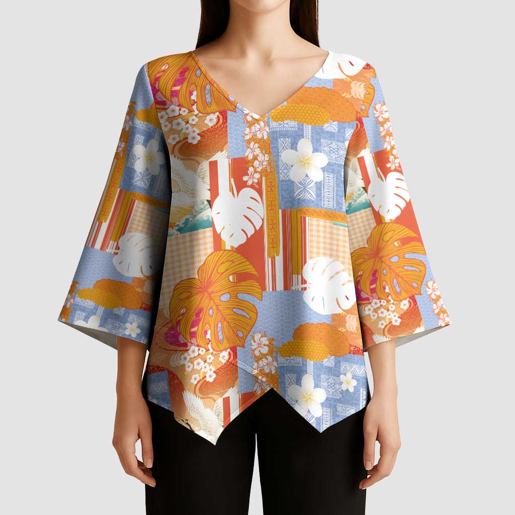 Hawaiian and Japanese Culture Together Kimono Sleeve Blouse Palaka Japanese Art and Tropical Motif Tribal Patchwork LT03 - Polynesian Pride