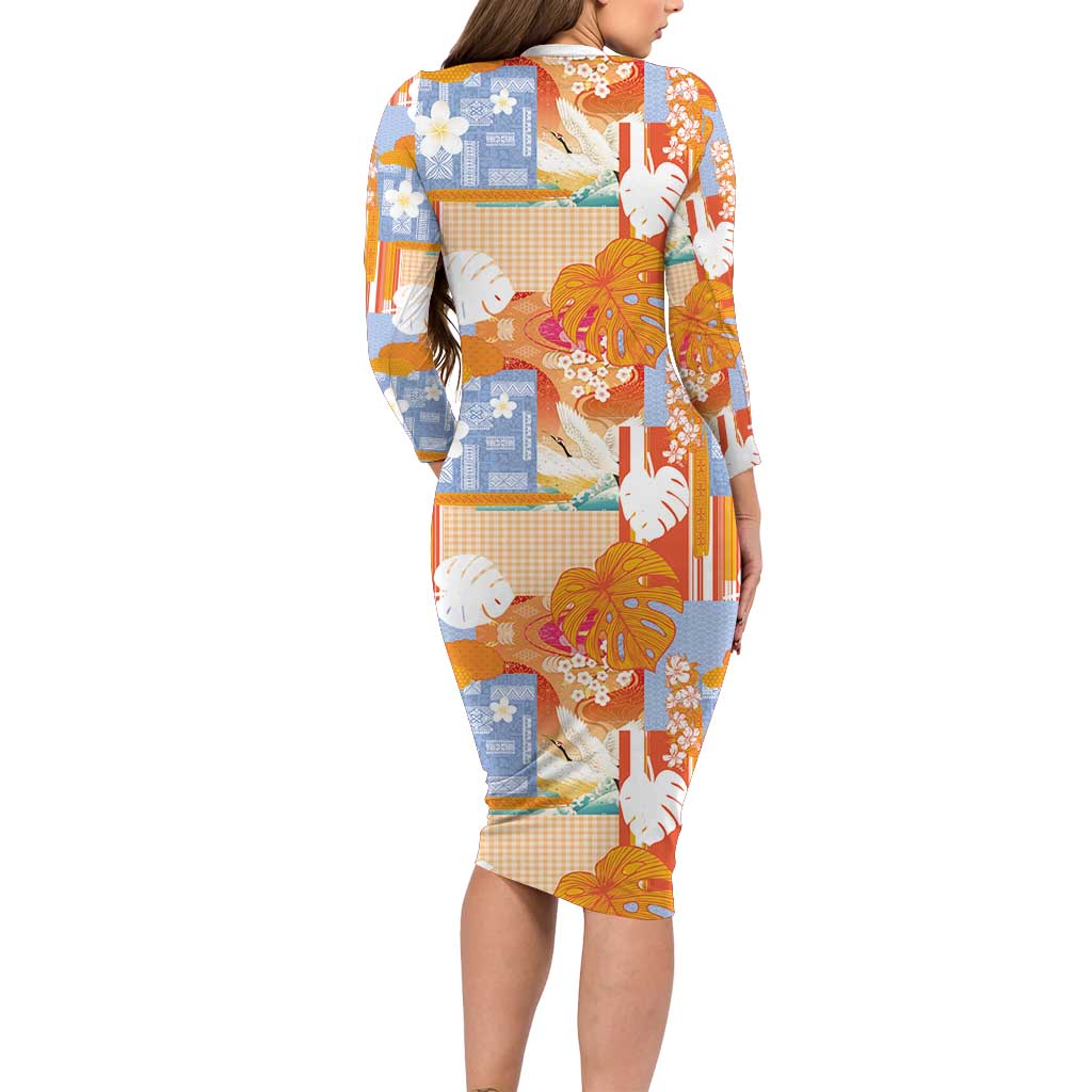 Hawaiian and Japanese Culture Together Long Sleeve Bodycon Dress Palaka Japanese Art and Tropical Motif Tribal Patchwork