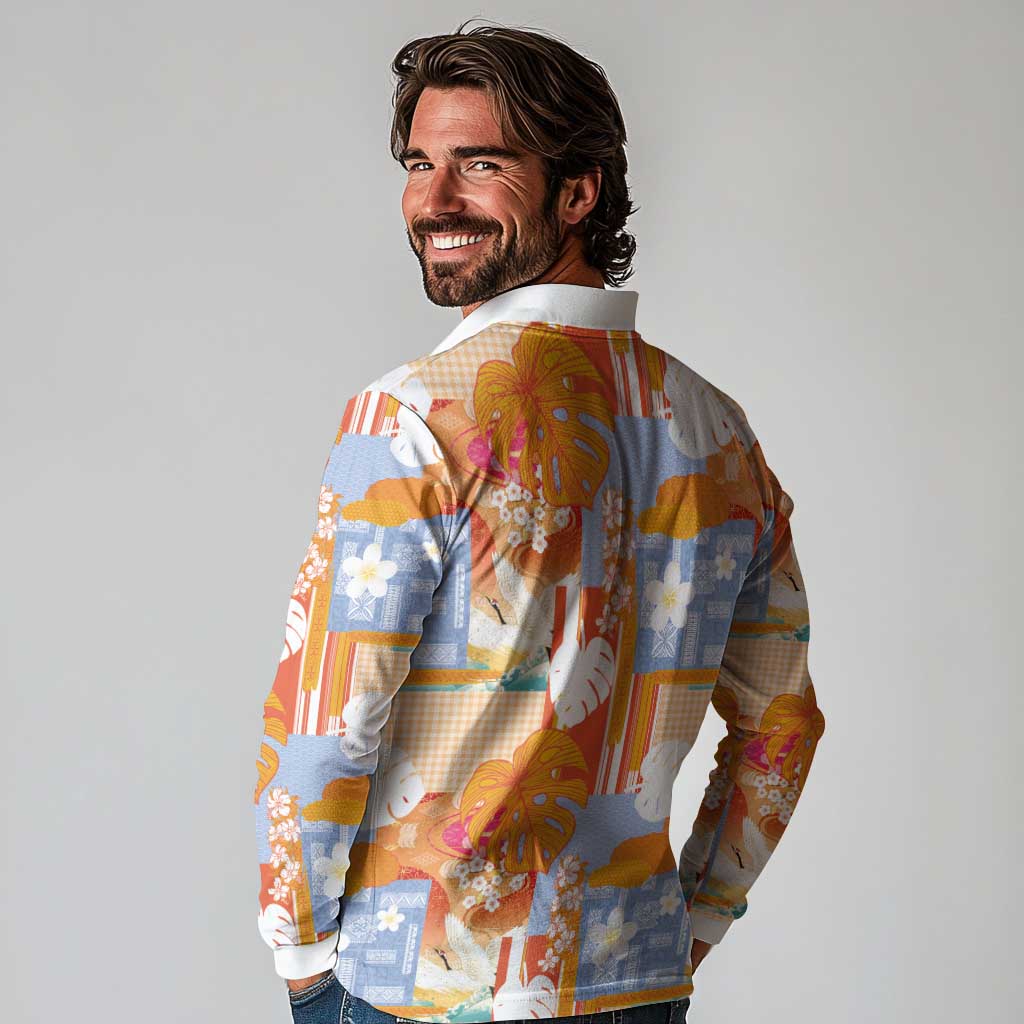Hawaiian and Japanese Culture Together Long Sleeve Polo Shirt Palaka Japanese Art and Tropical Motif Tribal Patchwork
