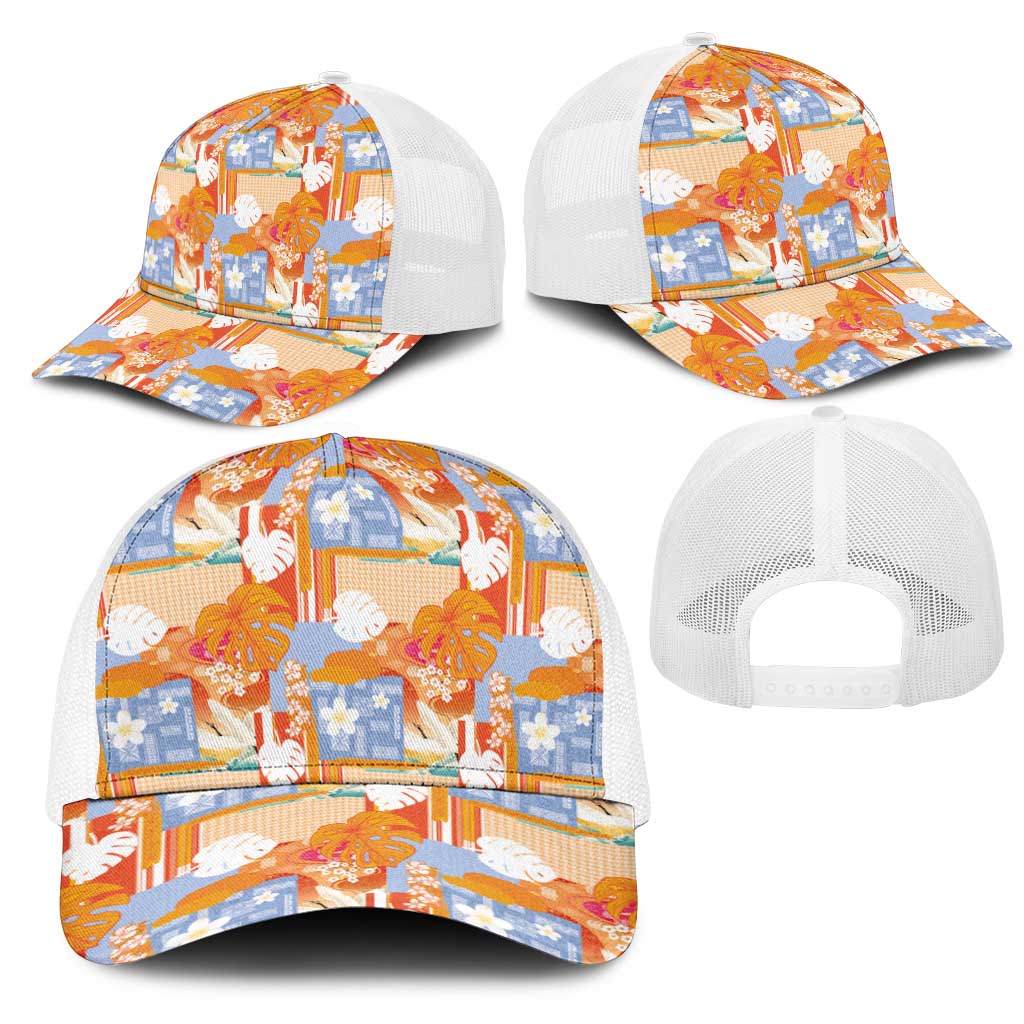 Hawaiian and Japanese Culture Together Mesh Trucker Cap Palaka Japanese Art and Tropical Motif Tribal Patchwork