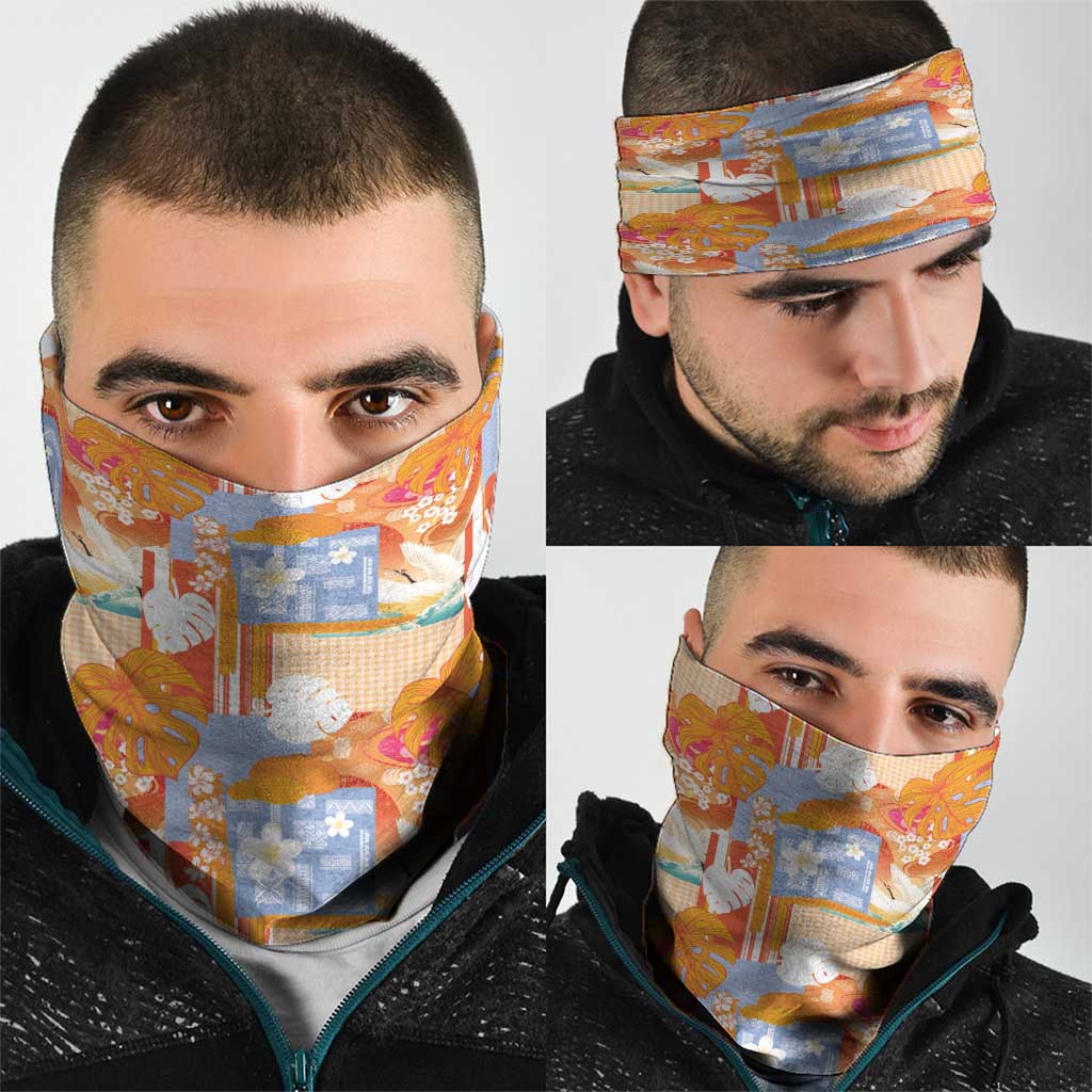 Hawaiian and Japanese Culture Together Neck Gaiter Palaka Japanese Art and Tropical Motif Tribal Patchwork