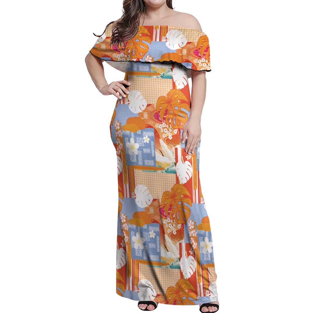 Hawaiian and Japanese Culture Together Off Shoulder Maxi Dress Palaka Japanese Art and Tropical Motif Tribal Patchwork