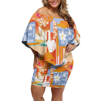 Hawaiian and Japanese Culture Together Off Shoulder Short Dress Palaka Japanese Art and Tropical Motif Tribal Patchwork LT03 Women Multicolor - Polynesian Pride
