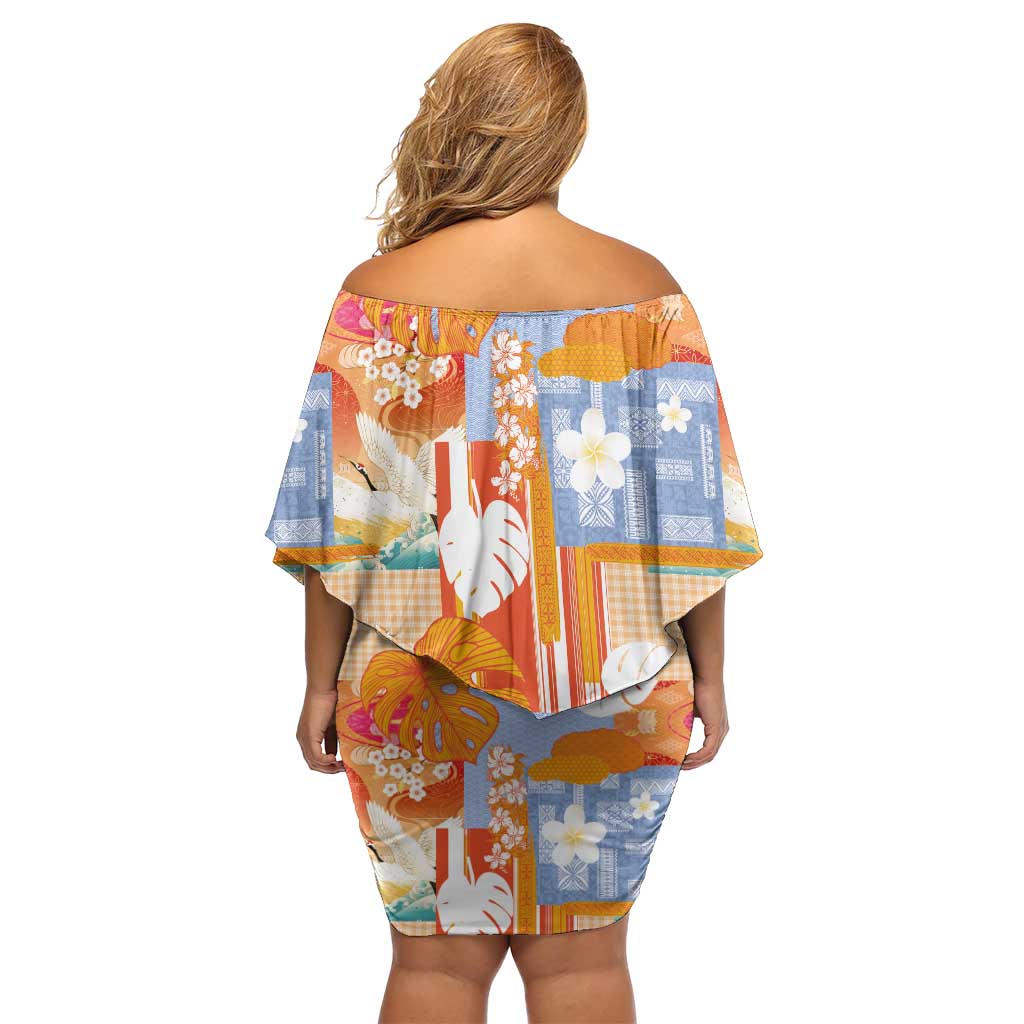 Hawaiian and Japanese Culture Together Off Shoulder Short Dress Palaka Japanese Art and Tropical Motif Tribal Patchwork LT03 - Polynesian Pride