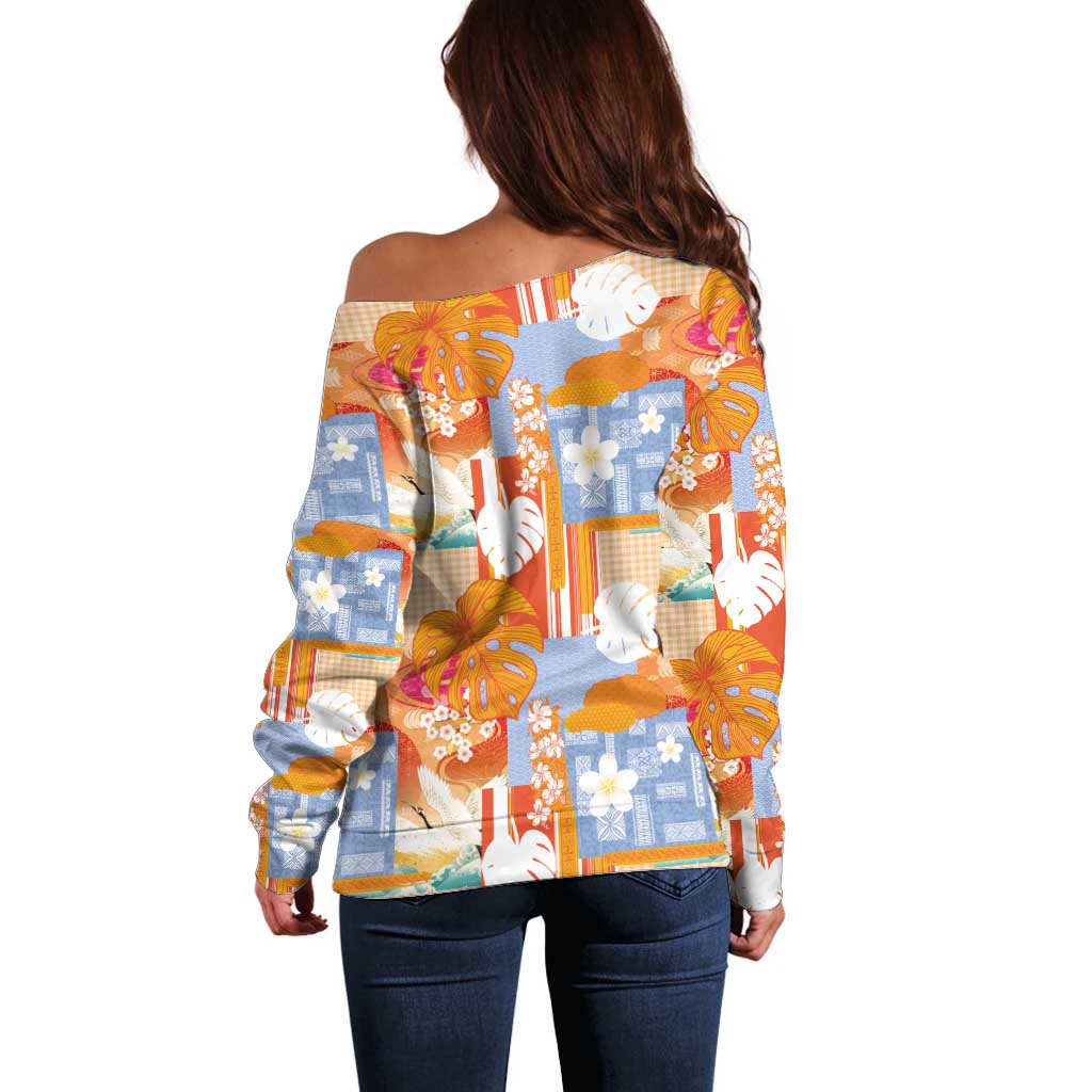 Hawaiian and Japanese Culture Together Off Shoulder Sweater Palaka Japanese Art and Tropical Motif Tribal Patchwork