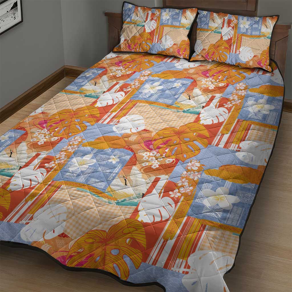 Hawaiian and Japanese Culture Together Quilt Bed Set Palaka Japanese Art and Tropical Motif Tribal Patchwork