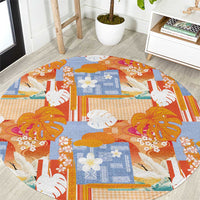 Hawaiian and Japanese Culture Together Round Carpet Palaka Japanese Art and Tropical Motif Tribal Patchwork
