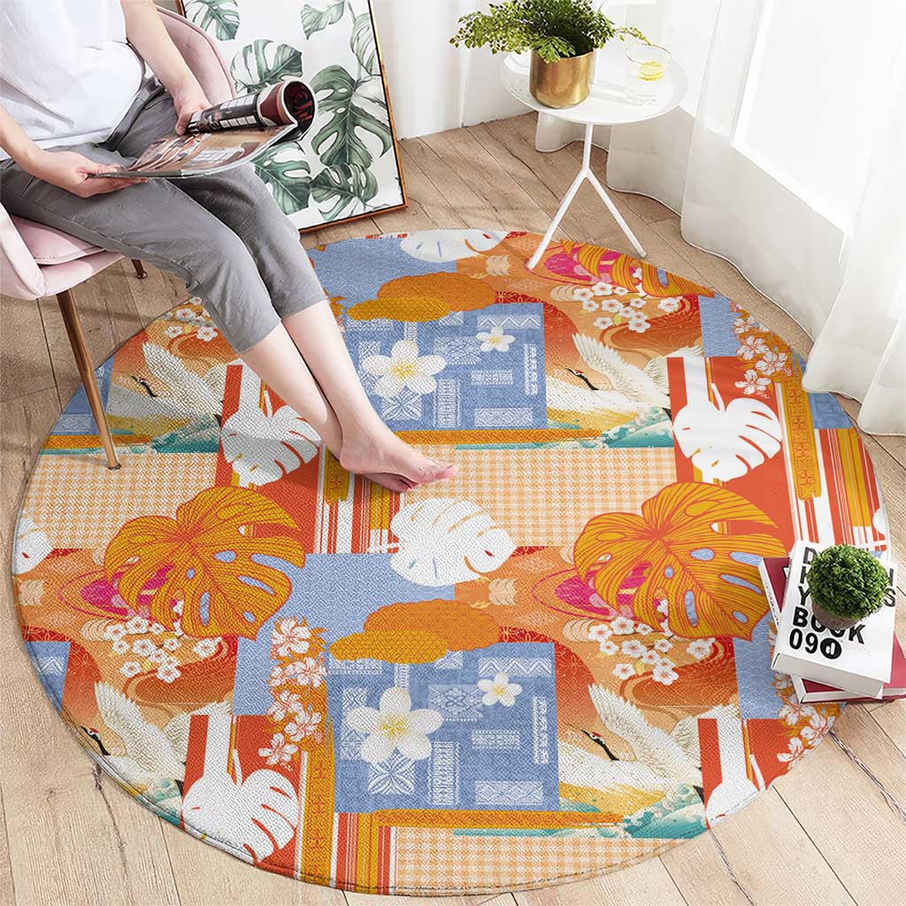 Hawaiian and Japanese Culture Together Round Carpet Palaka Japanese Art and Tropical Motif Tribal Patchwork