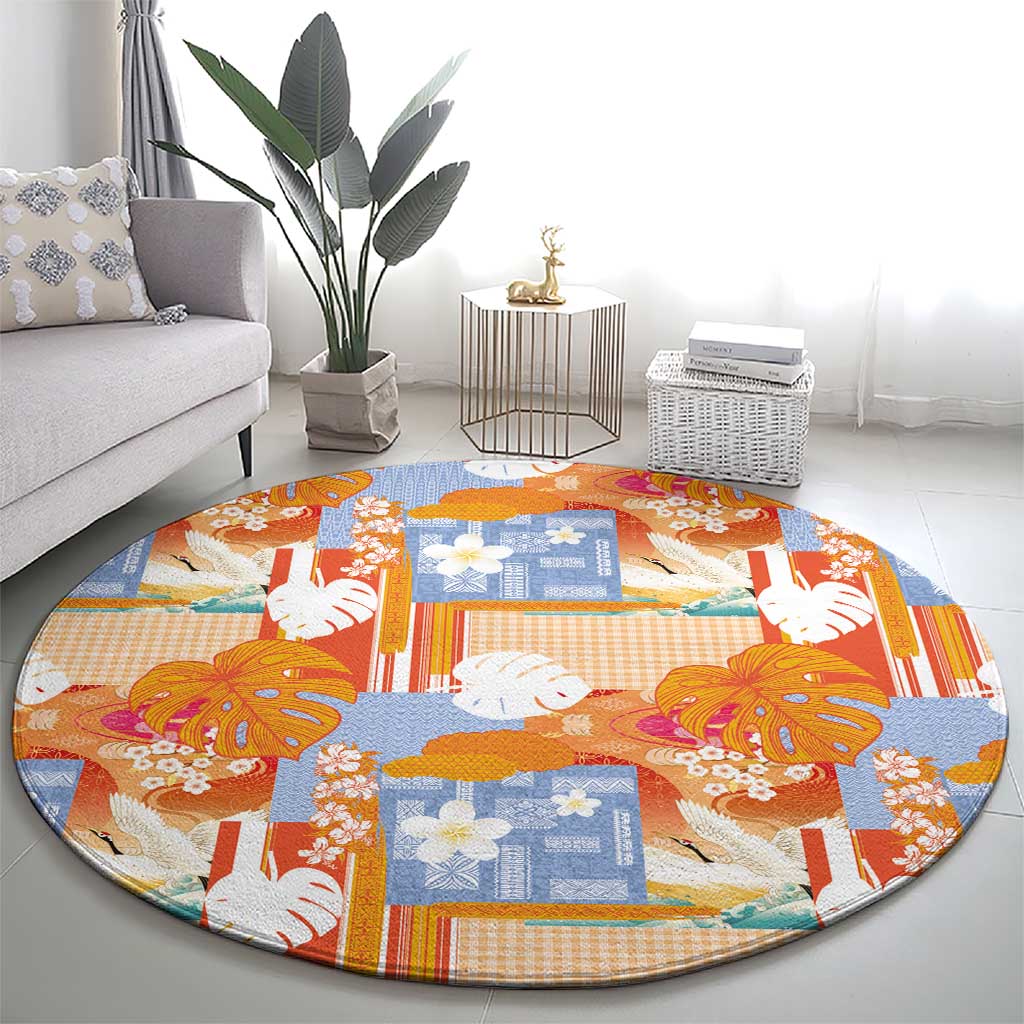 Hawaiian and Japanese Culture Together Round Carpet Palaka Japanese Art and Tropical Motif Tribal Patchwork