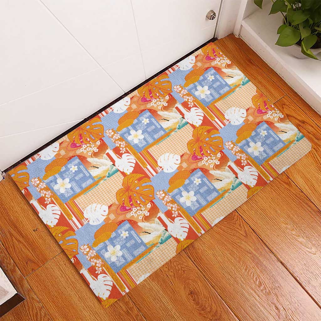 Hawaiian and Japanese Culture Together Rubber Doormat Palaka Japanese Art and Tropical Motif Tribal Patchwork