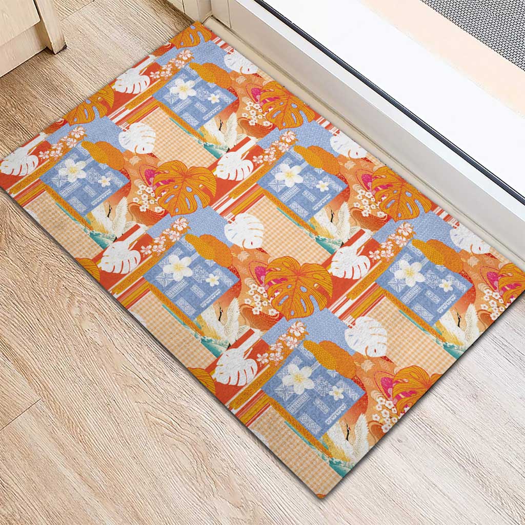 Hawaiian and Japanese Culture Together Rubber Doormat Palaka Japanese Art and Tropical Motif Tribal Patchwork