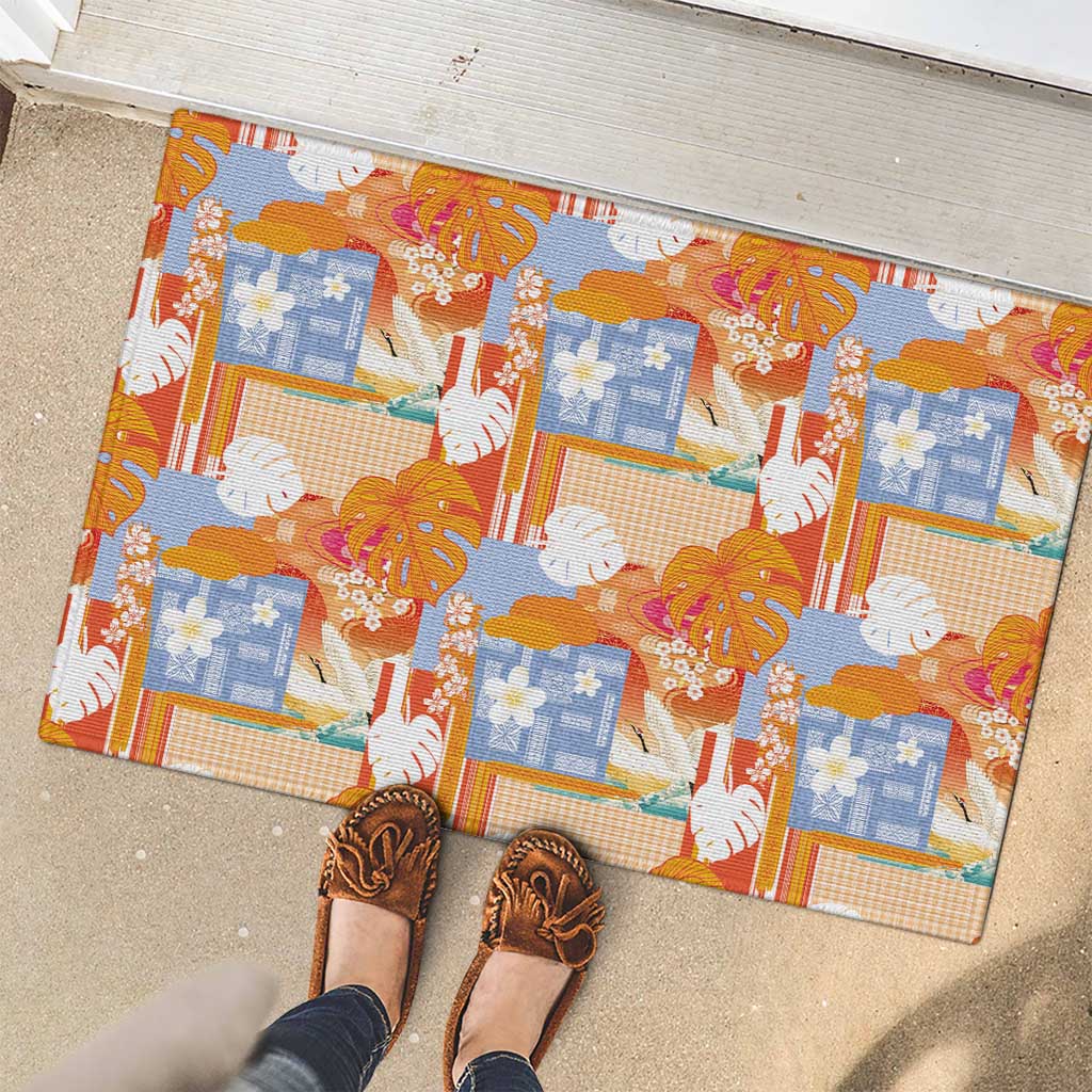 Hawaiian and Japanese Culture Together Rubber Doormat Palaka Japanese Art and Tropical Motif Tribal Patchwork