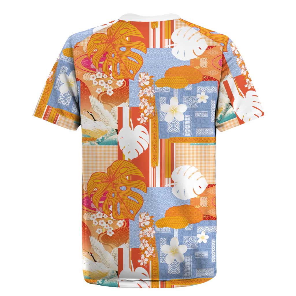 Hawaiian and Japanese Culture Together Rugby Jersey Palaka Japanese Art and Tropical Motif Tribal Patchwork