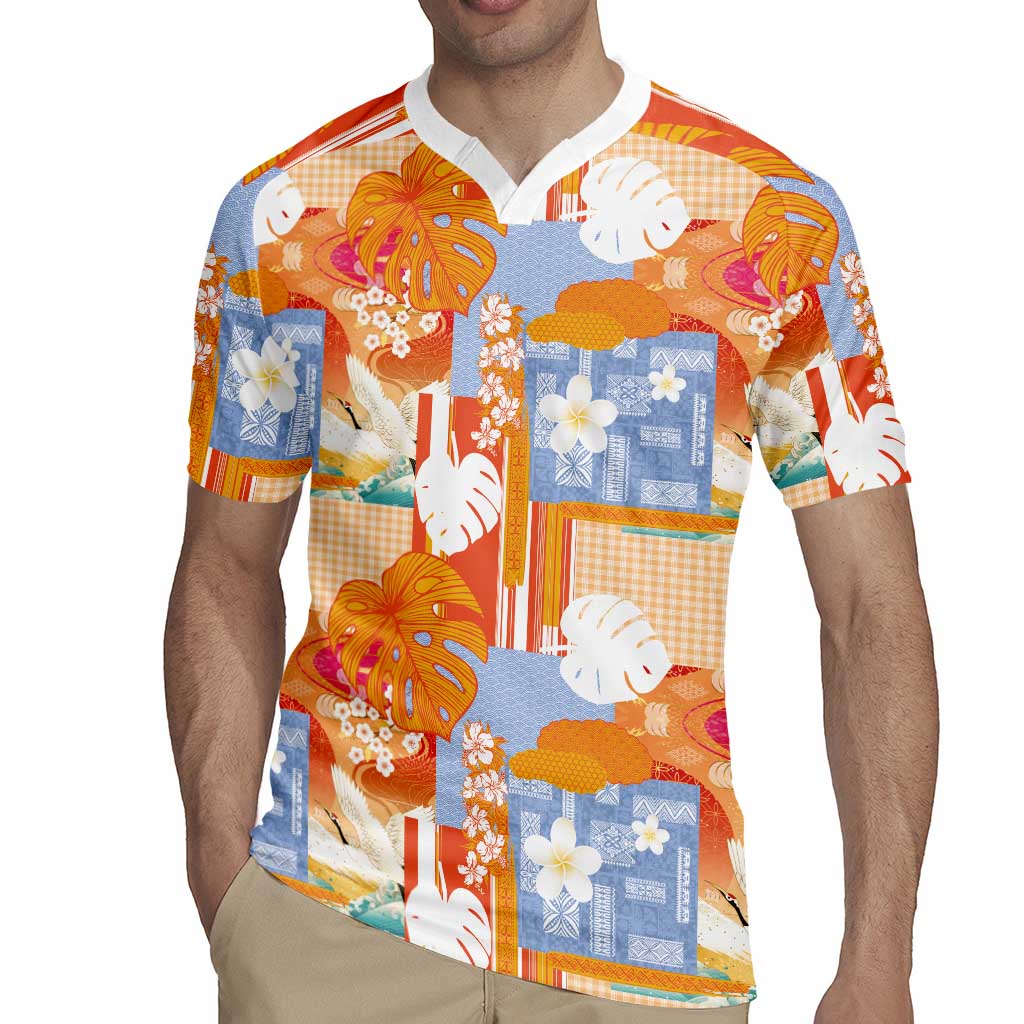 Hawaiian and Japanese Culture Together Rugby Jersey Palaka Japanese Art and Tropical Motif Tribal Patchwork