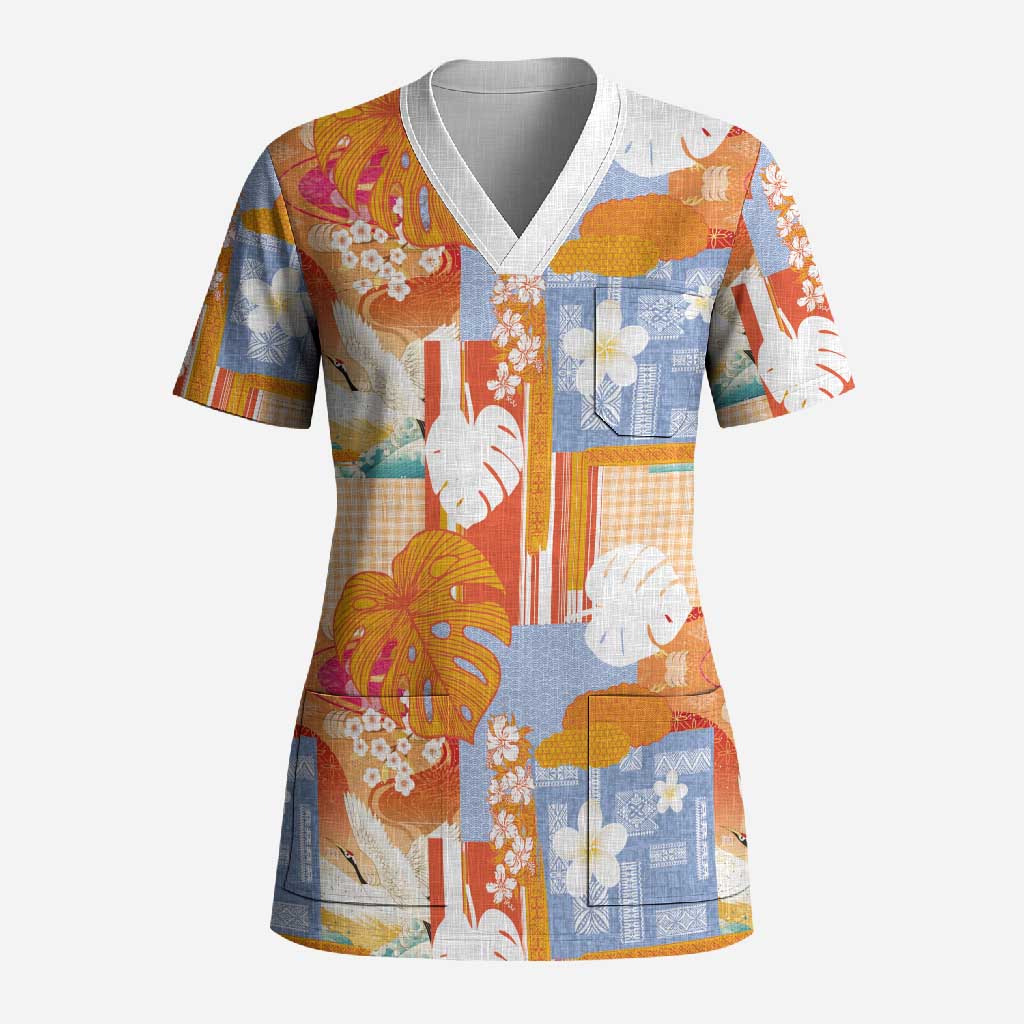 Hawaiian and Japanese Culture Together Scrub Top Palaka Japanese Art and Tropical Motif Tribal Patchwork