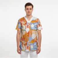 Hawaiian and Japanese Culture Together Scrub Top Palaka Japanese Art and Tropical Motif Tribal Patchwork