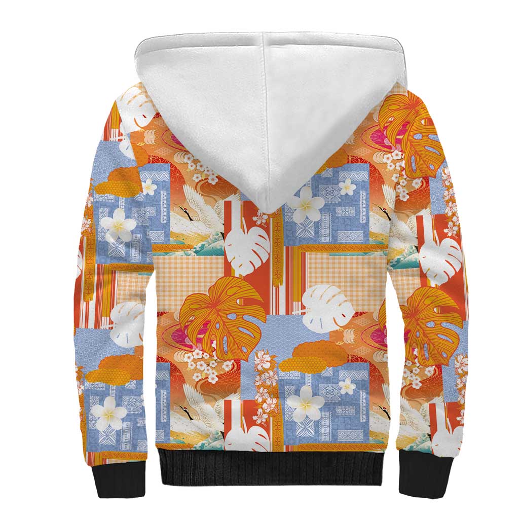 Hawaiian and Japanese Culture Together Sherpa Hoodie Palaka Japanese Art and Tropical Motif Tribal Patchwork