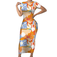 Hawaiian and Japanese Culture Together Short Sleeve Bodycon Dress Palaka Japanese Art and Tropical Motif Tribal Patchwork